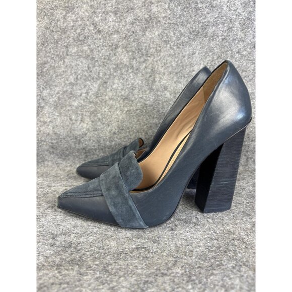 Tory Burch Shoes Womens Size 7.5 Navy Block Heel Loafer Pumps Pointed Toe Suede - Picture 1 of 9